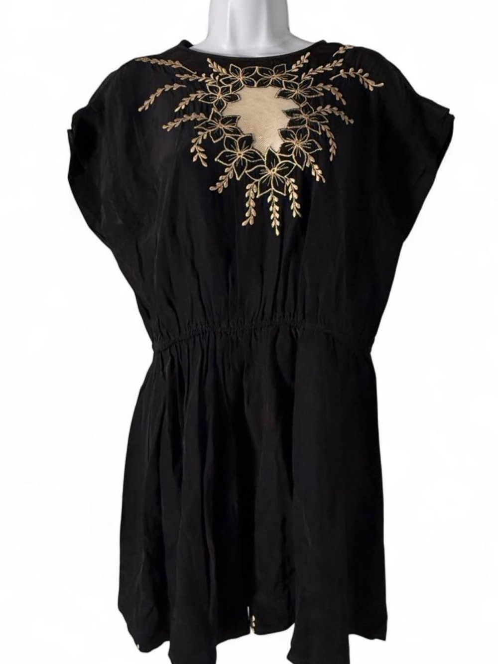 Vintage Black Mini Dress with Gold Floral Embroidery